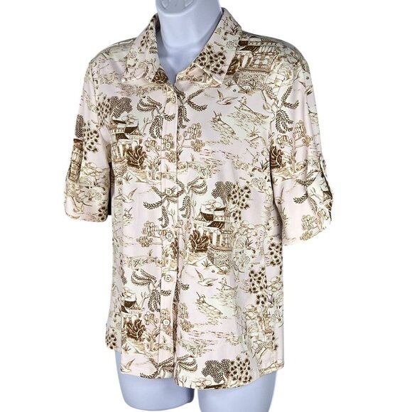 J.McLaughlin Womens M Beige Brown Toile Print Button Up Blouse Catalina Cloth Ar - Picture 6 of 14